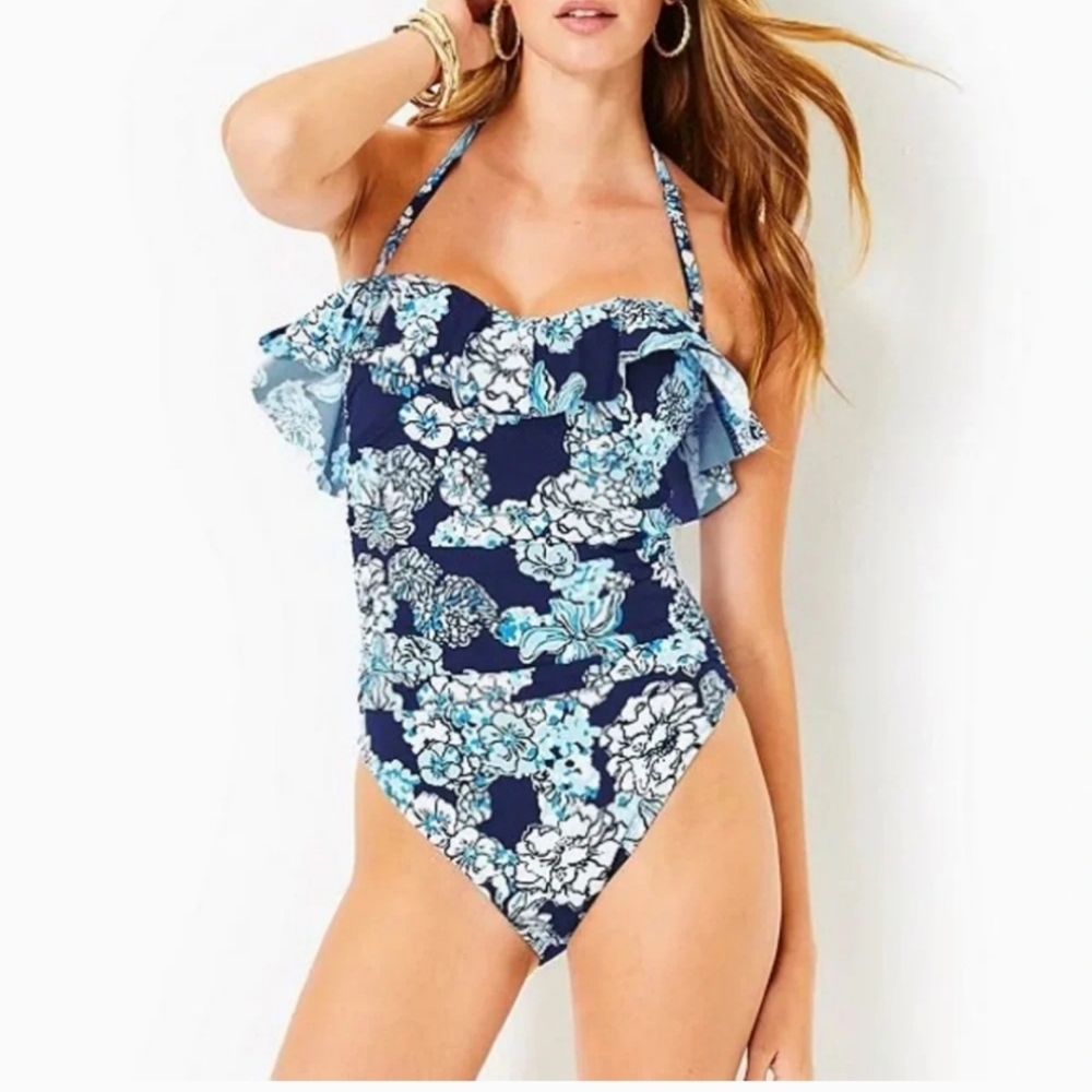 💙Lilly Pulitzer Rubyann Bandeau Ruffle Floral One Piece Swimsuit Blue, Size 10